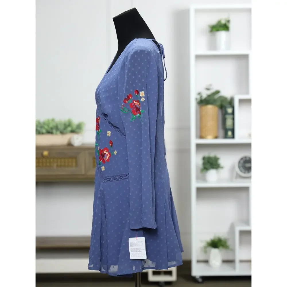 ASOS DESIGN Embroidered Floral Mini Dress 10 Blue Swiss Dot Cottagecore Boho NWT - Picture 6 of 14
